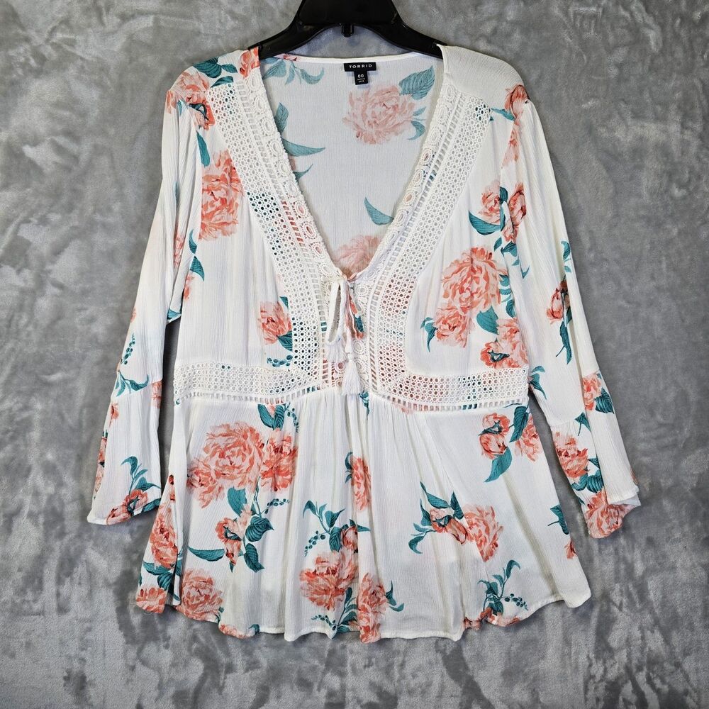 Torrid Babydoll Floral Crochet Trim Top Shirt 00 Rayon Lace Tie Up Cottagecore
